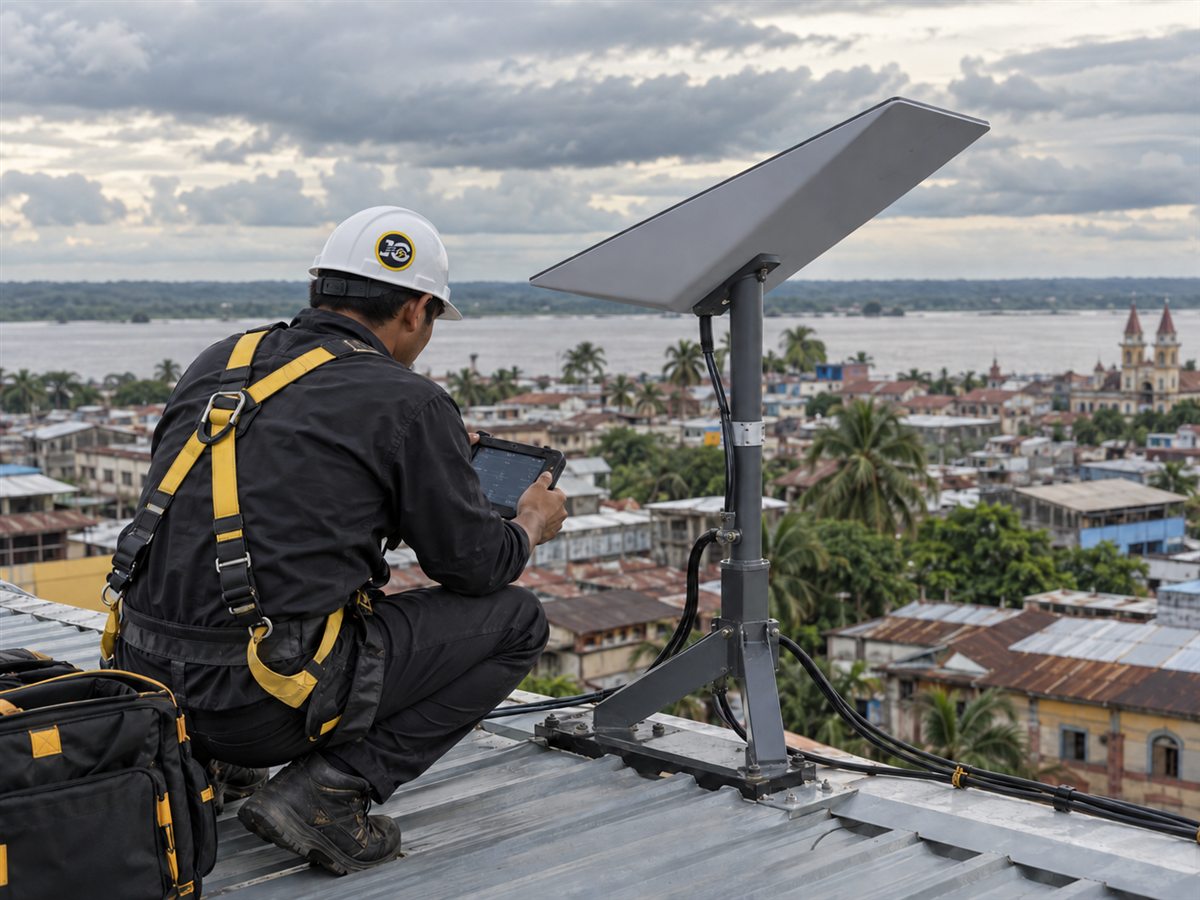 Técnico de jCANELO instalando internet satelital en Iquitos